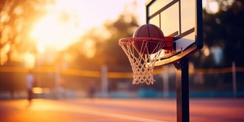 Basketball Scoring a Goal at Sunset with Warm Backlight on Outdoor Court. Generative AI