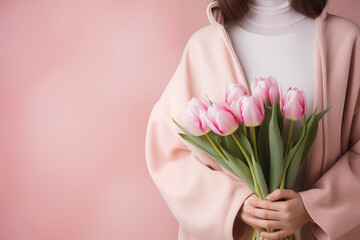 Woman with a bouquet of pink tulips flowers in hand, isolated on a pink background. Mother's Day or Valentine's Day.
