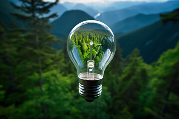 Light bulb on forest mountain background, sustainability, renewable green energy and idea concept.