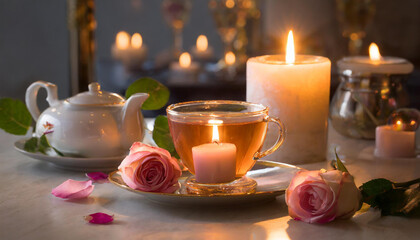 Obraz na płótnie Canvas Candlelit Evening with Aromatic Rose Tea