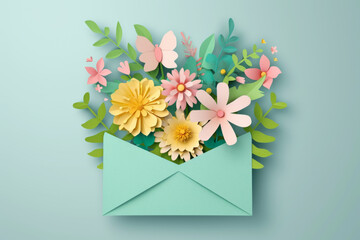  Creative design for Envelope decorated with flowers in spring season. paper cut and craft style. 