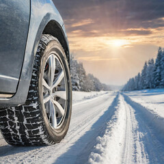 Car on snow road. Closeup of winter tires on snowy highway road