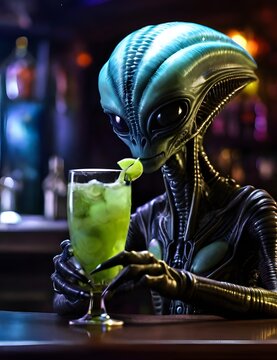 Alien drinking exotic cocktails in a bar