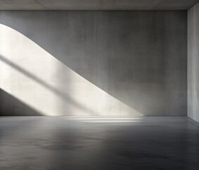 room with sunlight behind a wall with windows, in the style of concrete, monochrome palette, light & shadow