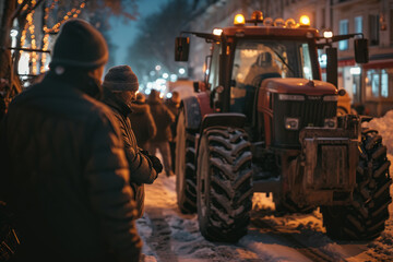 Farmers and workers protest rally and strike in city. People standing next to tractors and protesting against tax increases, changes in law, abolition of benefits on demonstration meeting in street