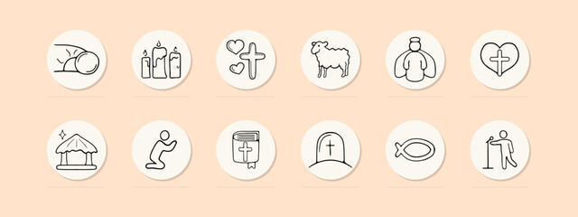 Christianity set line icon. Sermon, soul, communion, bible, flock, religion, bread, wine, tombstone. Pastel color background Vector line icon for business and advertising