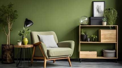 Scandinavian greenery  modern living room with green sofa, chair, and bookshelf against green wall.