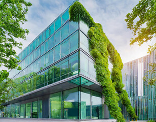 ustainble green building. Eco-friendly building in modern city. Sustainable glass office building with tree for reducing carbon dioxide. Office with green environment.