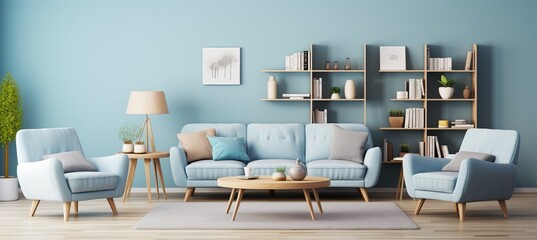 Renew blue scandinavian living room with modern furniture and bookshelf against blue wall.