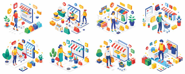 E-commerce concept illustration, collection of male and female business people scenes in the e-commerce scene. mega set flat vector modern illustration