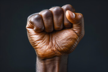 Raised fist of an African American black man in the background. Unity, solidarity, protest. Concept of black history month - obrazy, fototapety, plakaty