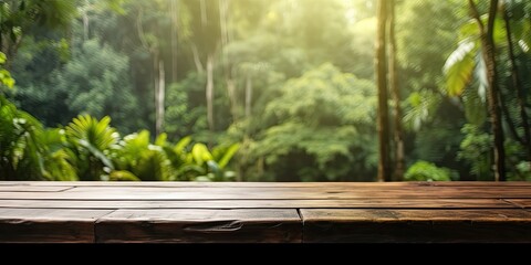 Empty table with blurred background of Amazon rainforest. Exuberant.