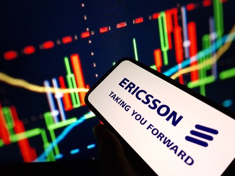 Konskie, Poland - January 24, 2024: Ericsson company logo displayed on mobile phone