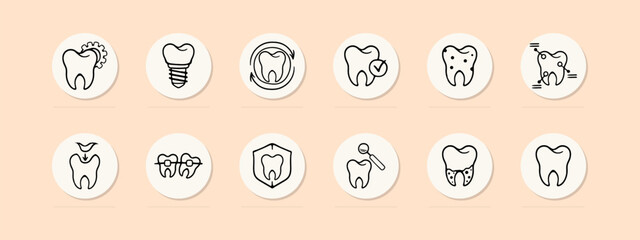 Dentist set line icon. Filling, teeth, caries, toothpaste and brush, crown, jaw, enamel. Pastel color background Vector line icon for business and advertising