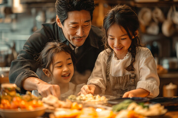 Sisters are preparing food with their father in the kitchen