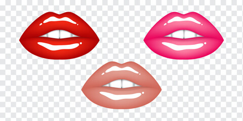 Beautiful sexy plump glossy female lips in red, pink and beige nude colors. Set of isolated vector illustrations on transparent background