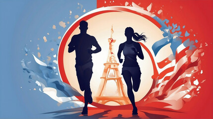 Paris Olympics games in France 2024 ceremony, athletes running sports Eiffel tower artwork painting