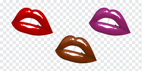 Beautiful sexy plump glossy female lips in dark red, burgundy, lilac and brown colors. Set of isolated vector illustrations on transparent background