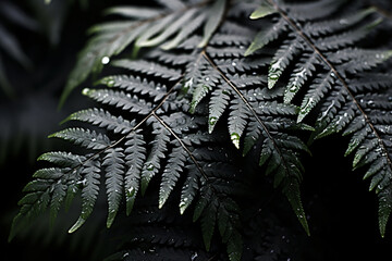 image of close up fern leaves on an edge, in the style of dark, moody landscape, high detailed