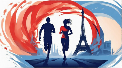 Paris Olympics games in France 2024 ceremony, athletes running sports Eiffel tower artwork painting