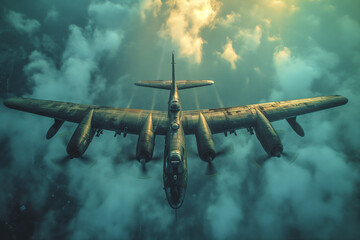 A military bomber flies in the sky, top view.