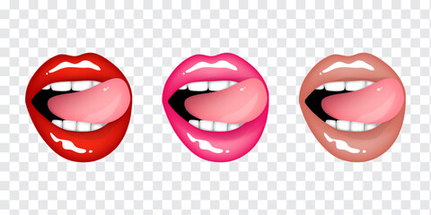 Beautiful sexy plump glossy female lips with tongue in red, pink and beige nude colors. Set of isolated vector illustrations on transparent background - obrazy, fototapety, plakaty
