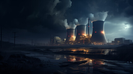 Image of an operating nuclear power plant in dramatic format. The concept of protecting the environment and ecology from nuclear energy emissions. AI Generated