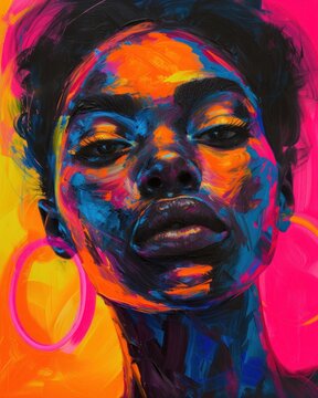 abstract portrait of a black woman with a swirling abstract aura of bright colors. Abstract painting concept. Colorful art, african american woman art