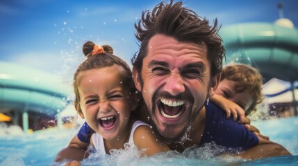 A close-up portrait of a happy family: a dad with his daughter and son in a water park. Summer, vacation, travel, entertainment concepts.