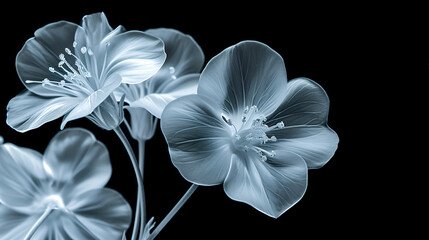Illustration of a branch with flowers in x-ray style close-up. Forget-me-nots on a black background. Macrophotography.