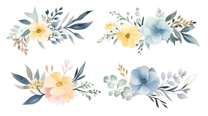 Watercolor floral bouquet illustration set - blush pink blue yellow flower green leaf leaves branches bouquets collection. Wedding stationary, greetings, wallpapers, fashion, background. Generative Ai