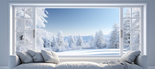 Snowy mountain and forest view from cottage window, perfect for winter product display