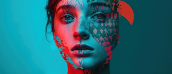 A portrait where the woman face is half-realistic, half-abstract patterns in contrasting colors. thinking of two individuals , Split personality. mood disorder concept