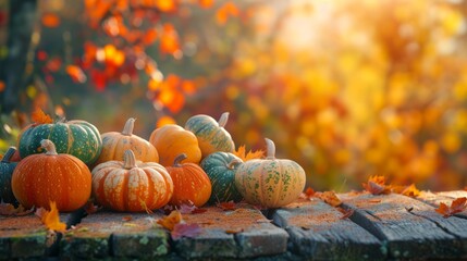 Colorful pumpkins lined up against an autumnal woodland backdrop - obrazy, fototapety, plakaty