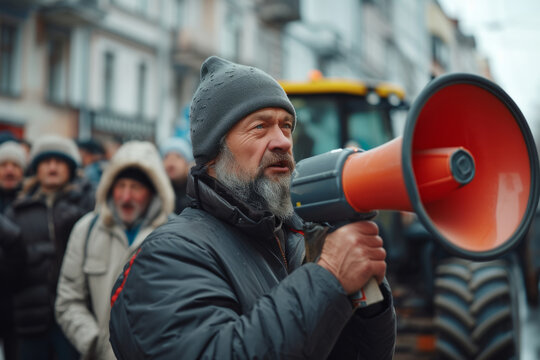 Farmers strike in city. People on strike protesting protests against tax increases, abolition of benefits by standing next to tractors on big city street