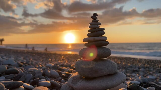 Sunset. Ocean view. Pyramid of little stones on pebble beach against background of setting sun, waves, coast. Sea shore zen. Concept of calm, yoga, self-improvement, construction, travel, tourism