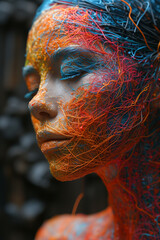 Tangled in beauty: a face framed by a rainbow of strings