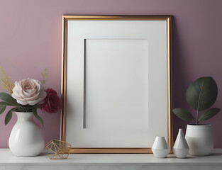 Fototapeta na wymiar goldener Rahmen mit weißem Passepartout vor einer rosa wand