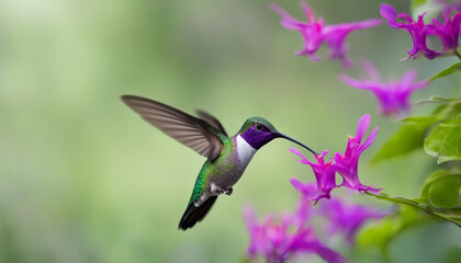 Fototapeta premium Pink blooming hummingbird in a wooded environment