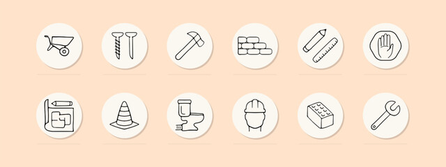 Construction set line icon. Foreman, repair, building, brick, crane, house, helmet, work, scaffolding construction. Pastel color background Vector line icon for business and advertising