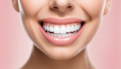 Obraz premium Closeup healthy white teeth and pink gum of a woman. Oral care dentistry