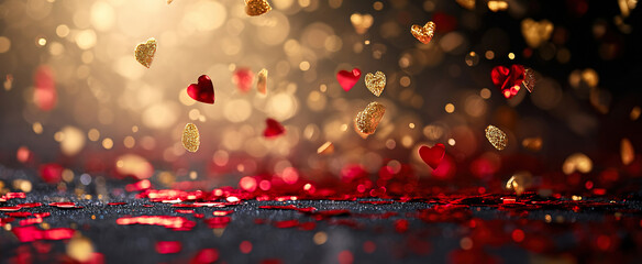 Obraz na płótnie Canvas Floating Red and Gold Hearts - Romantic Love Celebration Party Decoration. Generative AI.