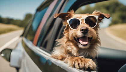Head of happy lap dog in sunglasses looking out of car window