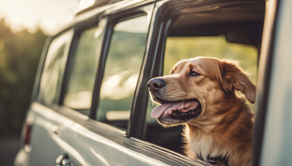 Head of happy lap dog looking out of car window