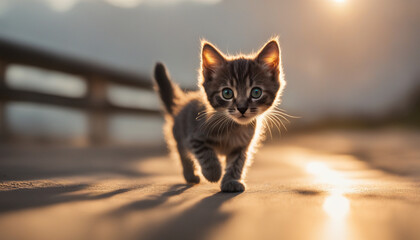 Young grey and black kitten walking towards the camera during sunset in the summer 
