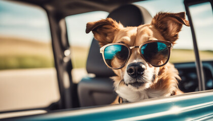 Head of happy lap dog in sunglasses looking out of car window
 - obrazy, fototapety, plakaty