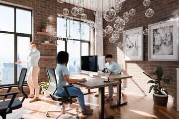 modern office with team of it professionals; with floor-to-ceiling windows and panoramic view; modern minimalistic interior design of workspace, top down view; bright daylight; 3D rendering