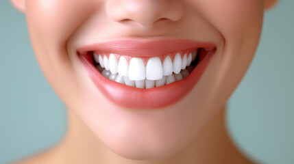 Fototapeta premium Close-Up of Womans Smiling Face With White Teeth. Generative AI.