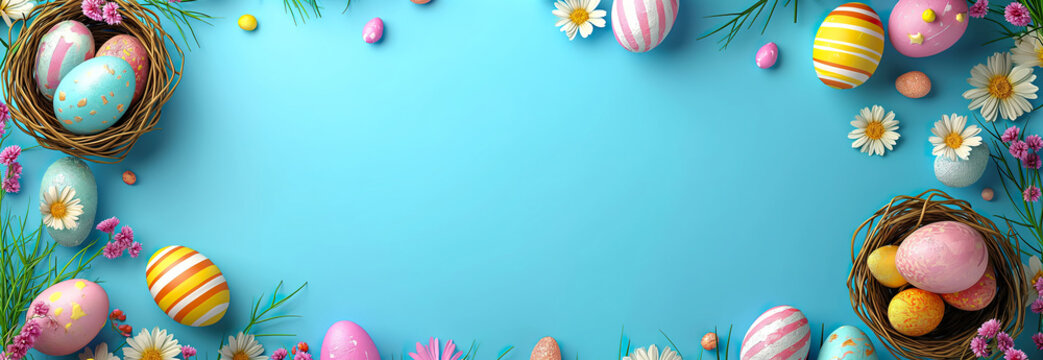 Blue Background With Eggs and Flowers. Generative AI.