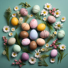 Fototapeta na wymiar Flat lay of colored Easter eggs. Plain pastel background.